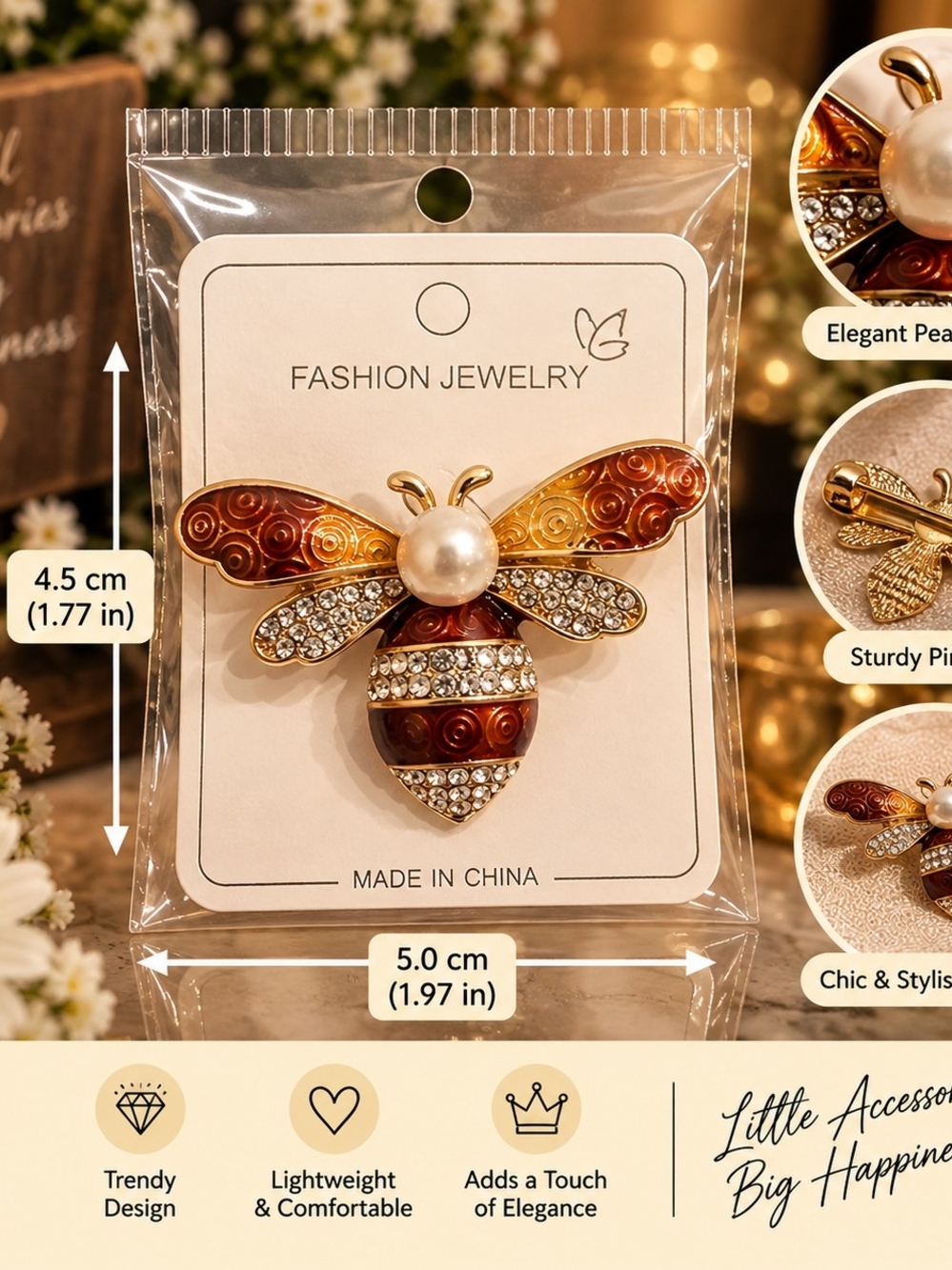 Fashion Jewelry Gold and Brown Bee Brooch with Pearl Center and Crystals